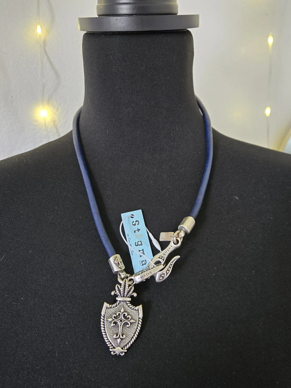Stigma Navy Cord Necklace with Silver Shield Pendant and Accents